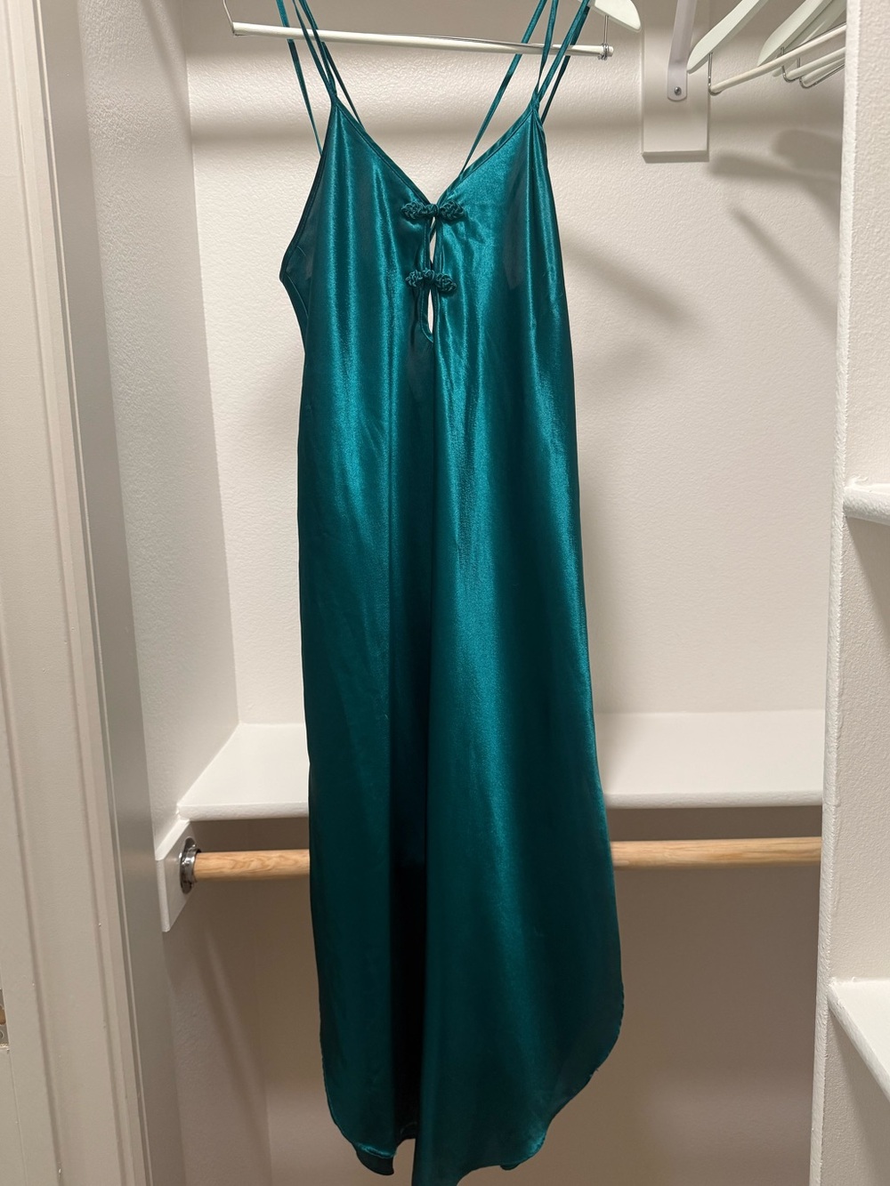 Teal Satin Open Back Midi Slip Dress Chinese Knot Detail